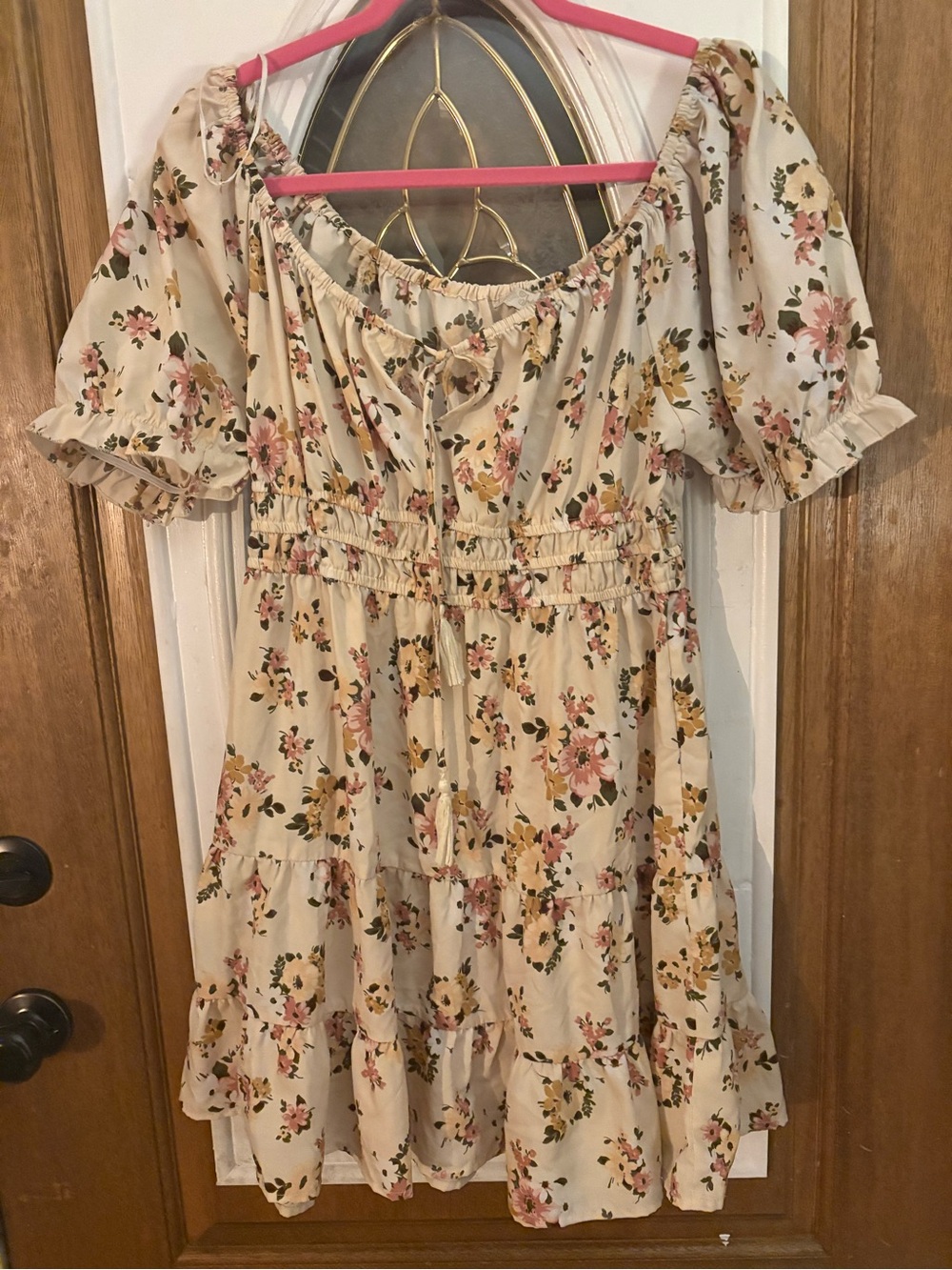 indulge Cream Floral Puff-Sleeve Mini Dress with Pink and Green Print